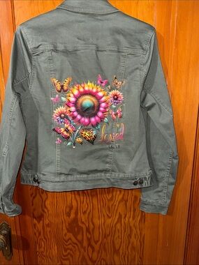 Royalty For Me Olive Green Jean Jacket with Colorful Sunflower Back Art